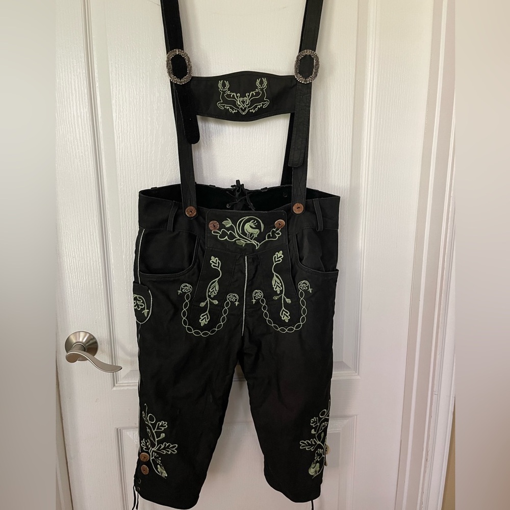 Lammberg Leather Black Embroidered Lederhosen-Style Suspender Pants